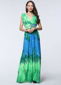 Casual Green Print Elastic Waist Ice Size Long Beach Dress Summer