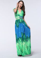 Load image into Gallery viewer, Casual Green Print Elastic Waist Ice Size Long Beach Dress Summer