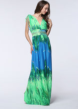 Load image into Gallery viewer, Casual Green Print Elastic Waist Ice Size Long Beach Dress Summer