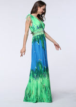 Load image into Gallery viewer, Casual Green Print Elastic Waist Ice Size Long Beach Dress Summer