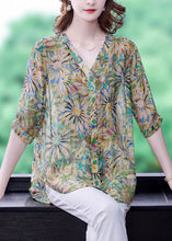 Load image into Gallery viewer, Casual Green V Neck Oversized Print Chiffon Shirt Tops Half Sleeve