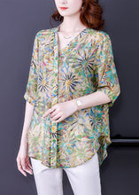 Load image into Gallery viewer, Casual Green V Neck Oversized Print Chiffon Shirt Tops Half Sleeve