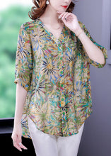 Load image into Gallery viewer, Casual Green V Neck Oversized Print Chiffon Shirt Tops Half Sleeve