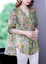 Load image into Gallery viewer, Casual Green V Neck Oversized Print Chiffon Shirt Tops Half Sleeve