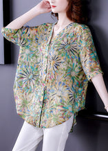 Load image into Gallery viewer, Casual Green V Neck Oversized Print Chiffon Shirt Tops Half Sleeve