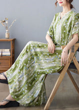 Load image into Gallery viewer, Casual Green V Neck Print Linen Long Dress Summer