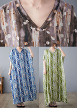 Load image into Gallery viewer, Casual Green V Neck Print Linen Long Dress Summer