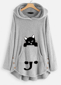 Casual Grey Hooded Print Pockets Patchwork Teddy Faux Fur Sweatshirt Long Sleeve