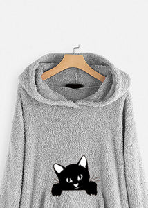 Casual Grey Hooded Print Pockets Patchwork Teddy Faux Fur Sweatshirt Long Sleeve