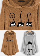 Load image into Gallery viewer, Casual Grey Hooded Print Pockets Patchwork Teddy Faux Fur Sweatshirt Long Sleeve