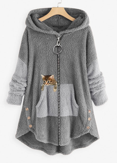 Casual Grey Hooded Print Pockets Patchwork Warm Fleece Coat Fall