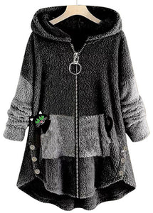 Casual Grey Hooded Print Zippered Patchwork Teddy Faux Fur Coats Fall