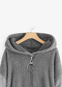 Casual Grey Hooded Print Zippered Patchwork Teddy Faux Fur Coats Fall