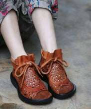 Load image into Gallery viewer, Casual Hollow Out Lace Up Splicing Boots Brown Cowhide Leather