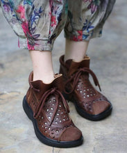 Load image into Gallery viewer, Casual Hollow Out Lace Up Splicing Boots Brown Cowhide Leather