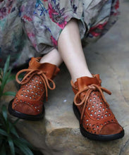 Load image into Gallery viewer, Casual Hollow Out Lace Up Splicing Boots Brown Cowhide Leather