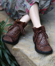 Load image into Gallery viewer, Casual Hollow Out Lace Up Splicing Boots Brown Cowhide Leather