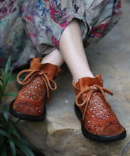 Load image into Gallery viewer, Casual Hollow Out Lace Up Splicing Boots Brown Cowhide Leather