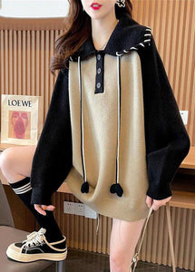 Casual Khaki Peter Pan Collar Patchwork Warm Knit Pullover Winter