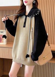 Casual Khaki Peter Pan Collar Patchwork Warm Knit Pullover Winter