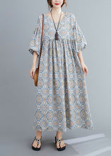 Load image into Gallery viewer, Casual Light Blue Print Wrinkled Long Dresses Lantern Sleeve