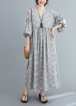 Load image into Gallery viewer, Casual Light Blue Print Wrinkled Long Dresses Lantern Sleeve