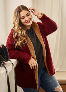 Casual Mulberry Patchwork Faux Fur Hooded Coat Fall