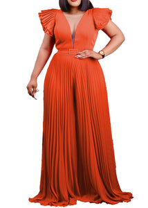 Casual Orange V Neck Patchwork Sashes Silk Wide Leg Jumpsuit Summer