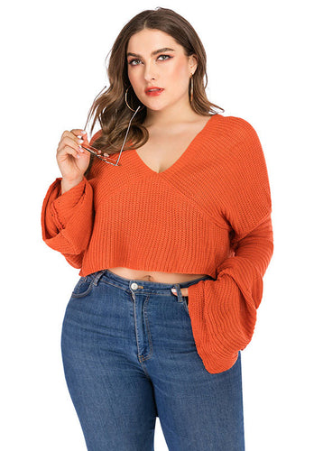 Casual Orange V Neck Solid Cozy Knit Sweater Fall