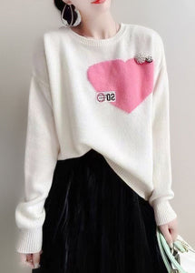 Casual Pink O-Neck Love Jacquard Nail Bead Knit Top Winter