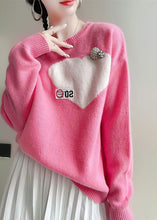 Load image into Gallery viewer, Casual Pink O-Neck Love Jacquard Nail Bead Knit Top Winter