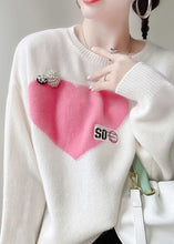 Load image into Gallery viewer, Casual Pink O-Neck Love Jacquard Nail Bead Knit Top Winter