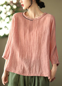 Casual Pink O-Neck Wrinkled side open Top Three Quarter sleeve