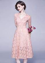 Load image into Gallery viewer, Casual Pink V Neck Exra Large Hem Lace Dresses Bracelet Sleeve