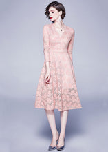 Load image into Gallery viewer, Casual Pink V Neck Exra Large Hem Lace Dresses Bracelet Sleeve