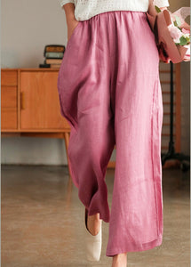 Casual Pink elastic waist Pockets Linen wide leg Pants Spring