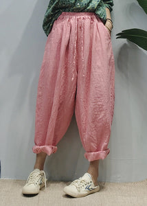 Casual Pink elastic waist drawstring Pockets Linen harem pants Spring