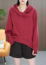 Load image into Gallery viewer, Casual Red Hooded Asymmetrical Solid Cotton Pullover Sweatshirt Winter