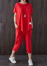 Load image into Gallery viewer, Casual Red O-Neck Asymmetrical Design Patchwork Cotton Two Pieces Set Summer