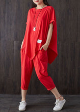 Load image into Gallery viewer, Casual Red O-Neck Asymmetrical Design Patchwork Cotton Two Pieces Set Summer