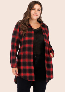 Casual Red Plaid Patchwork Button Low High Design Coat Fall