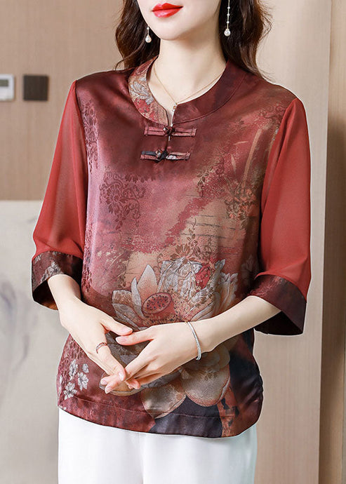 Casual Red Stand Collar Print Patchwork Silk Blouses Summer