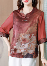 Load image into Gallery viewer, Casual Red Stand Collar Print Patchwork Silk Blouses Summer