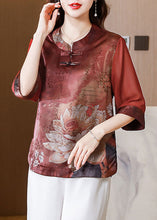 Load image into Gallery viewer, Casual Red Stand Collar Print Patchwork Silk Blouses Summer