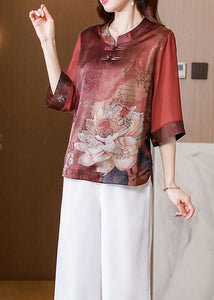 Casual Red Stand Collar Print Patchwork Silk Blouses Summer