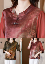 Load image into Gallery viewer, Casual Red Stand Collar Print Patchwork Silk Blouses Summer