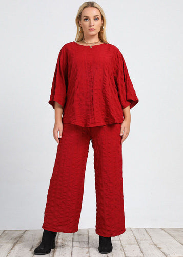 Casual Red Tops And Wide Leg Pants Patchwork Cotton Two Pieces Set Fall