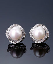 Load image into Gallery viewer, Casual White Sterling Silver Inlaid Zircon Jade Stud Earrings