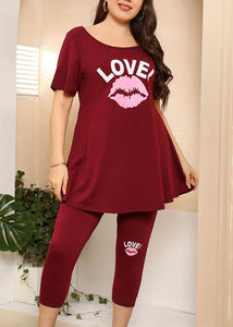 Casual Wine Red O-Neck Print Patchwork Cotton Two Piece Suit Pajamas Summer