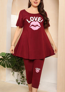 Casual Wine Red O-Neck Print Patchwork Cotton Two Piece Suit Pajamas Summer